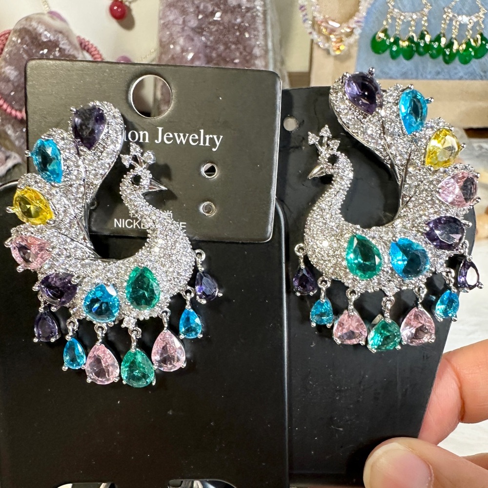 Giant Multicolor Peacock Earrings, Party Earrings 2×1.25 inches - Picture 3 of 5